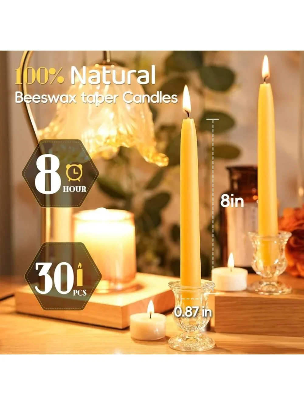 100% Natural Beeswax Taper Candles - 10 Inch, 30 Pack, Non-Toxic, Long-Lasting